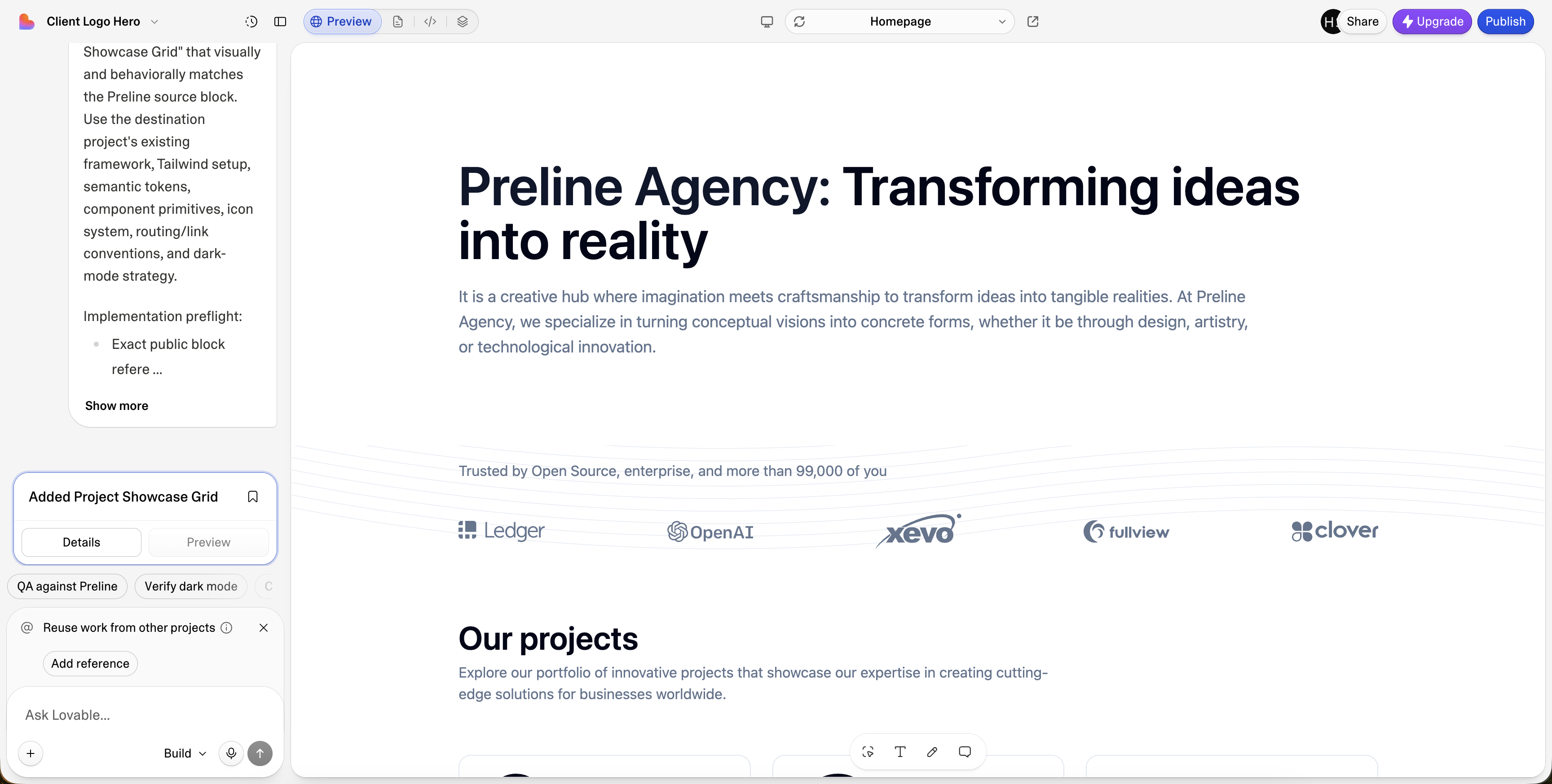 Generated interface preview after an agent implements a Preline AI Prompt