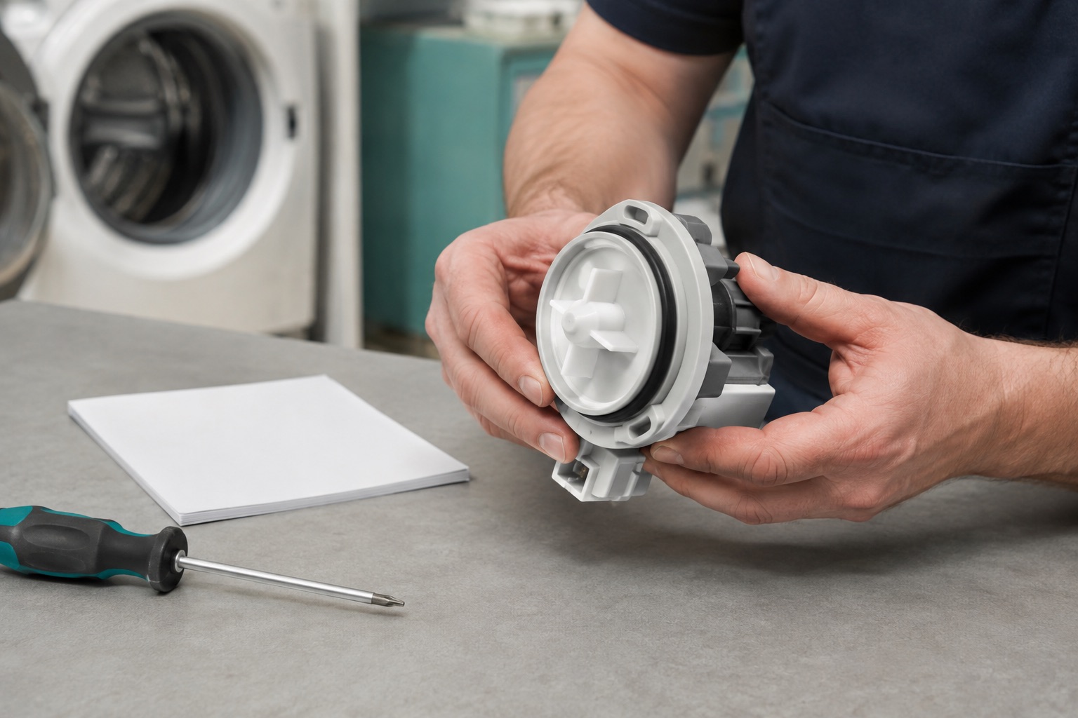 A repair specialist inspecting a washing machine pump at a workbench