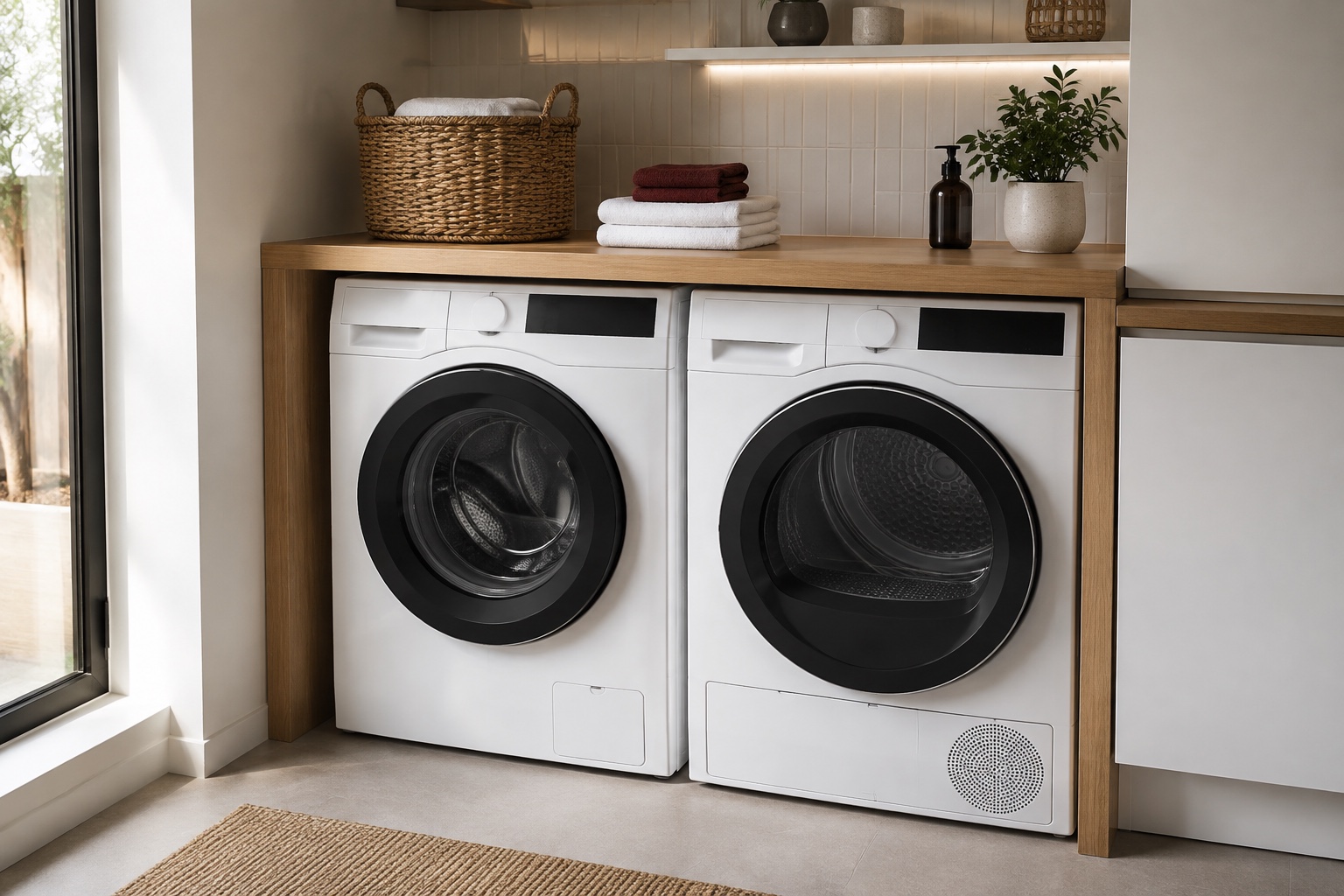 A washing machine and tumble dryer beneath an oak counter in a bright laundry room