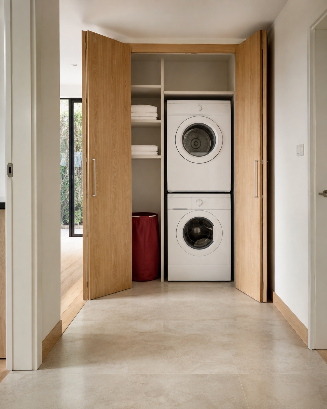 An open oak laundry cupboard with a stacked washing machine and dryer and clear floor space in front