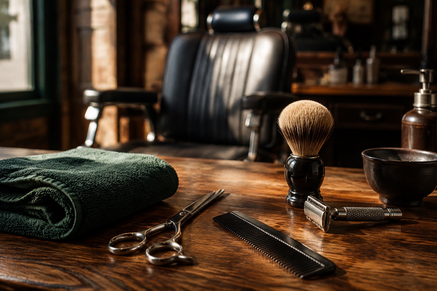 Barber scissors, comb, shaving brush, and razor on a warm oak counter