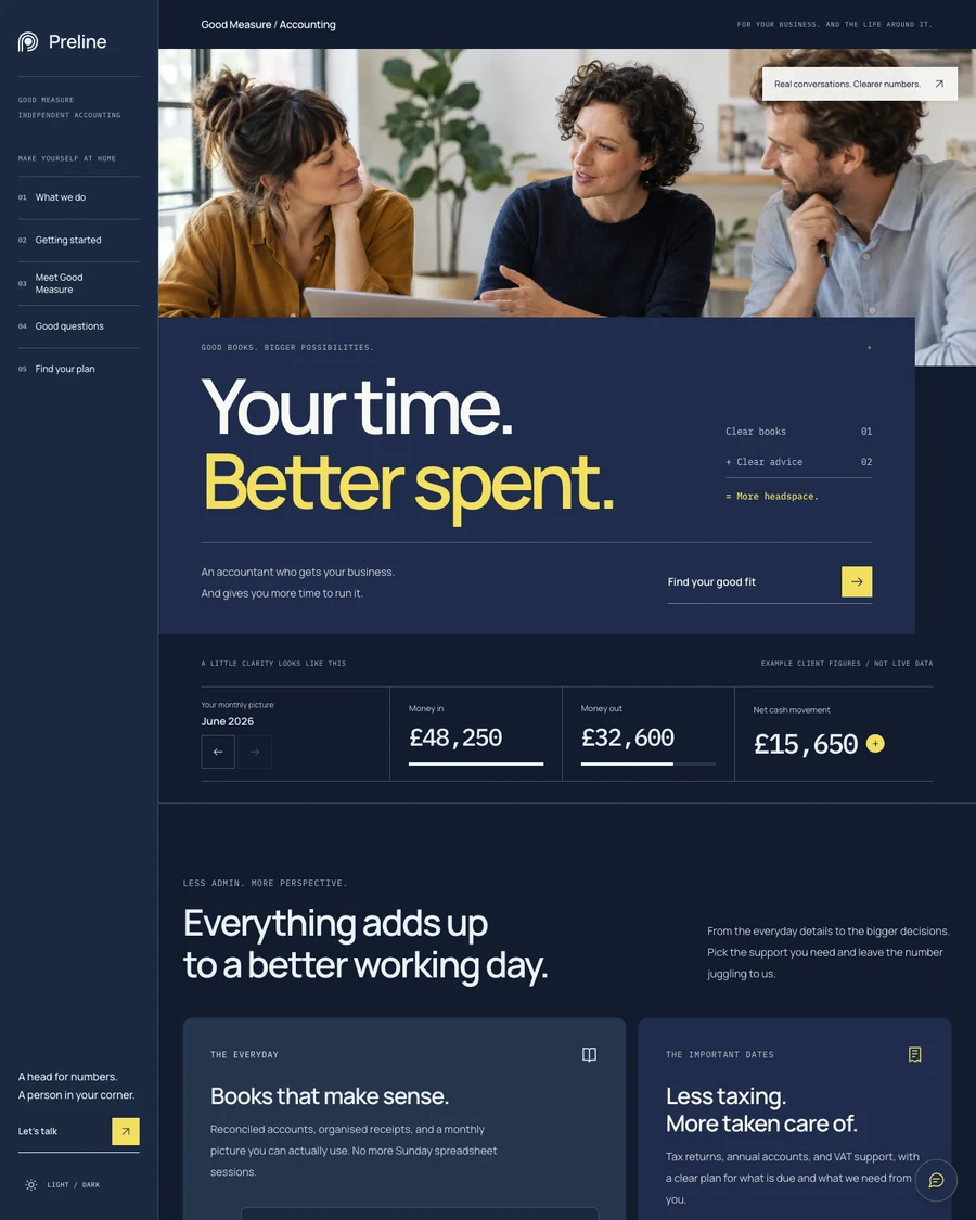The Good Measure accounting services demo in dark mode