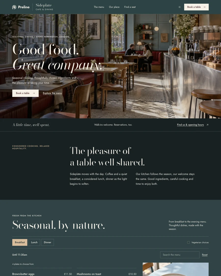 The Sideplate cafe and restaurant demo in dark mode