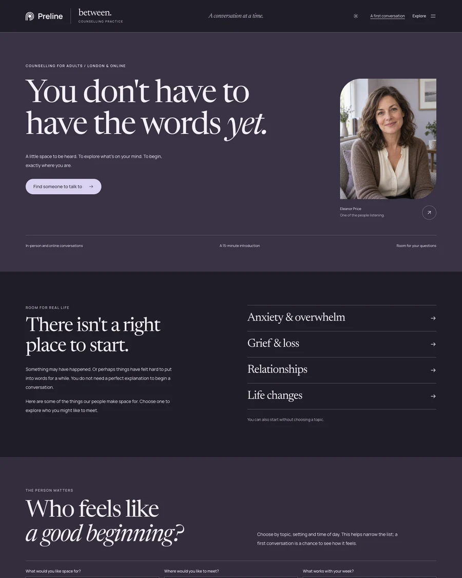 The Between counselling practice demo in dark mode
