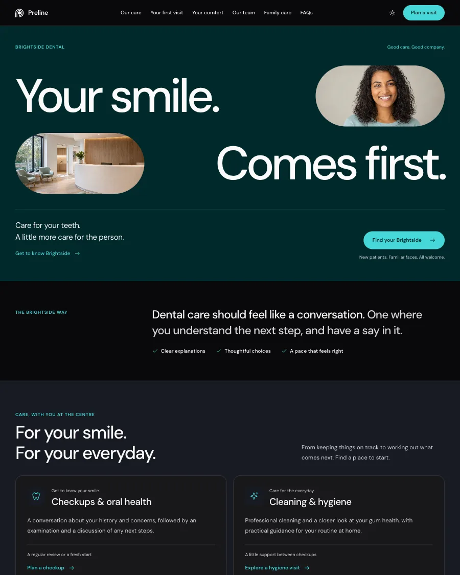 The Brightside Dental demo in dark mode