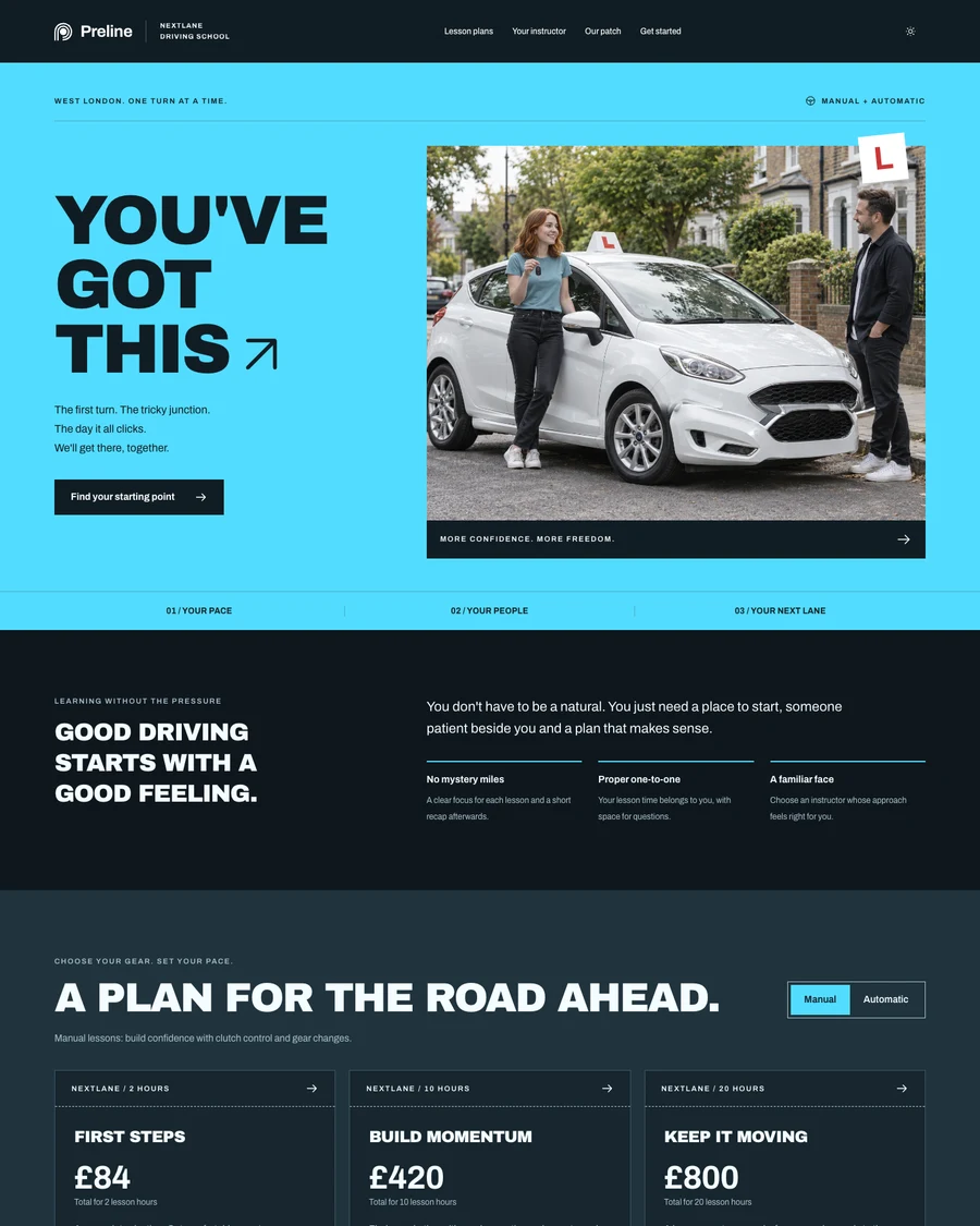 The Nextlane driving school demo in dark mode