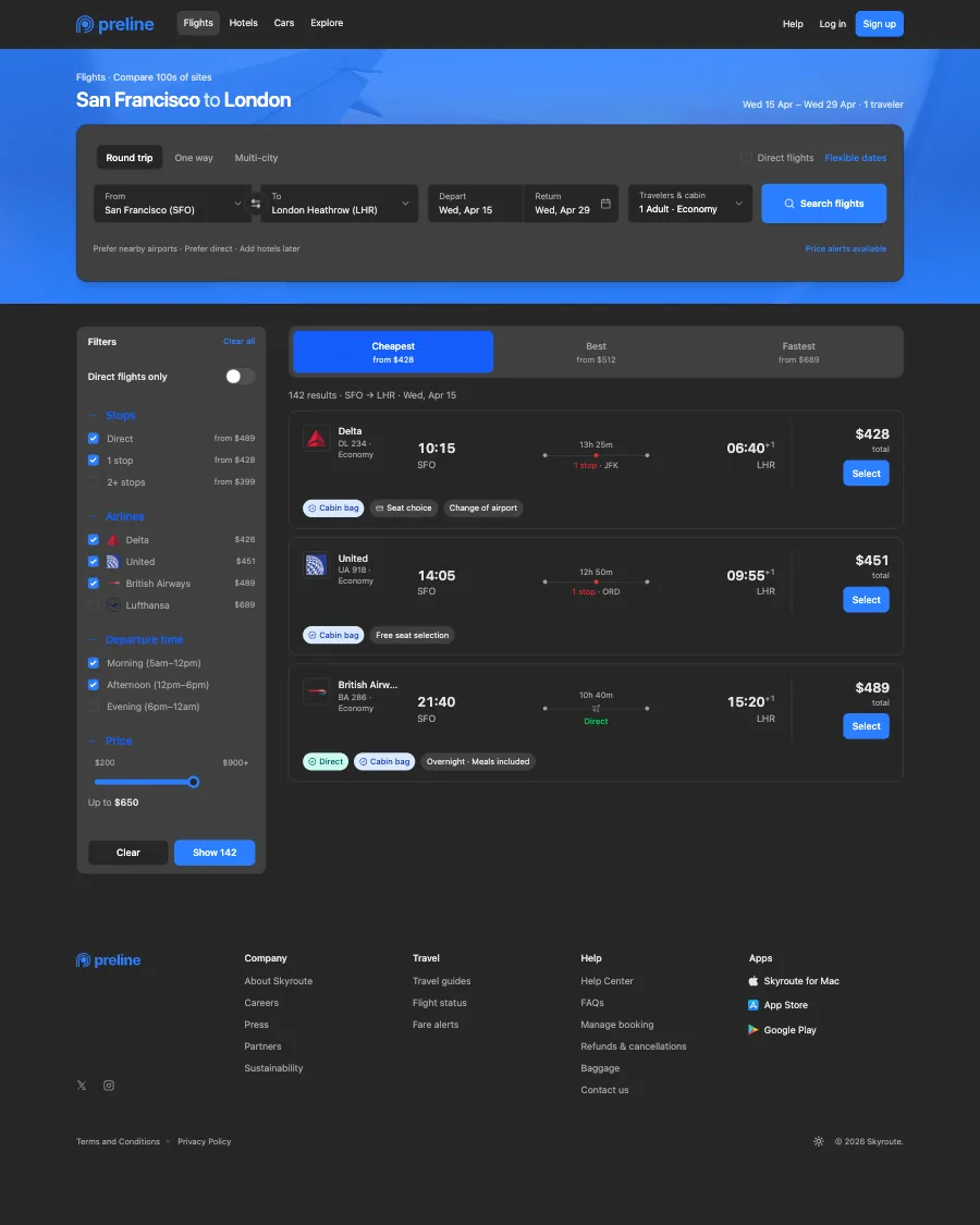 The Skyroute demo in dark mode