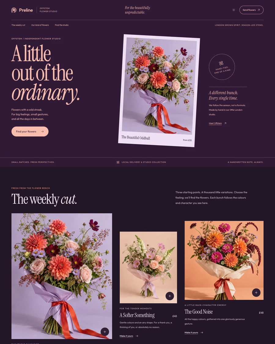 The Offstem florist demo in dark mode
