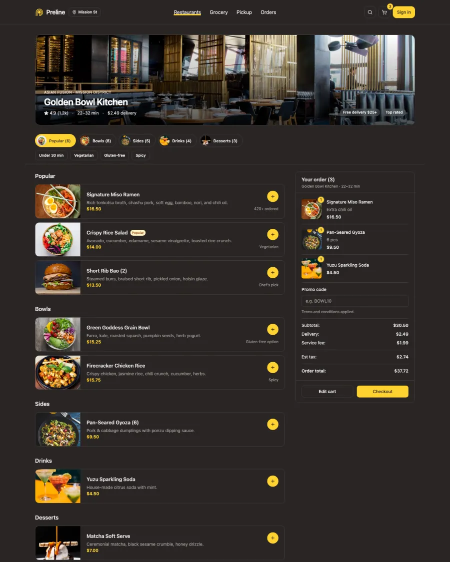 The DashBite demo in dark mode