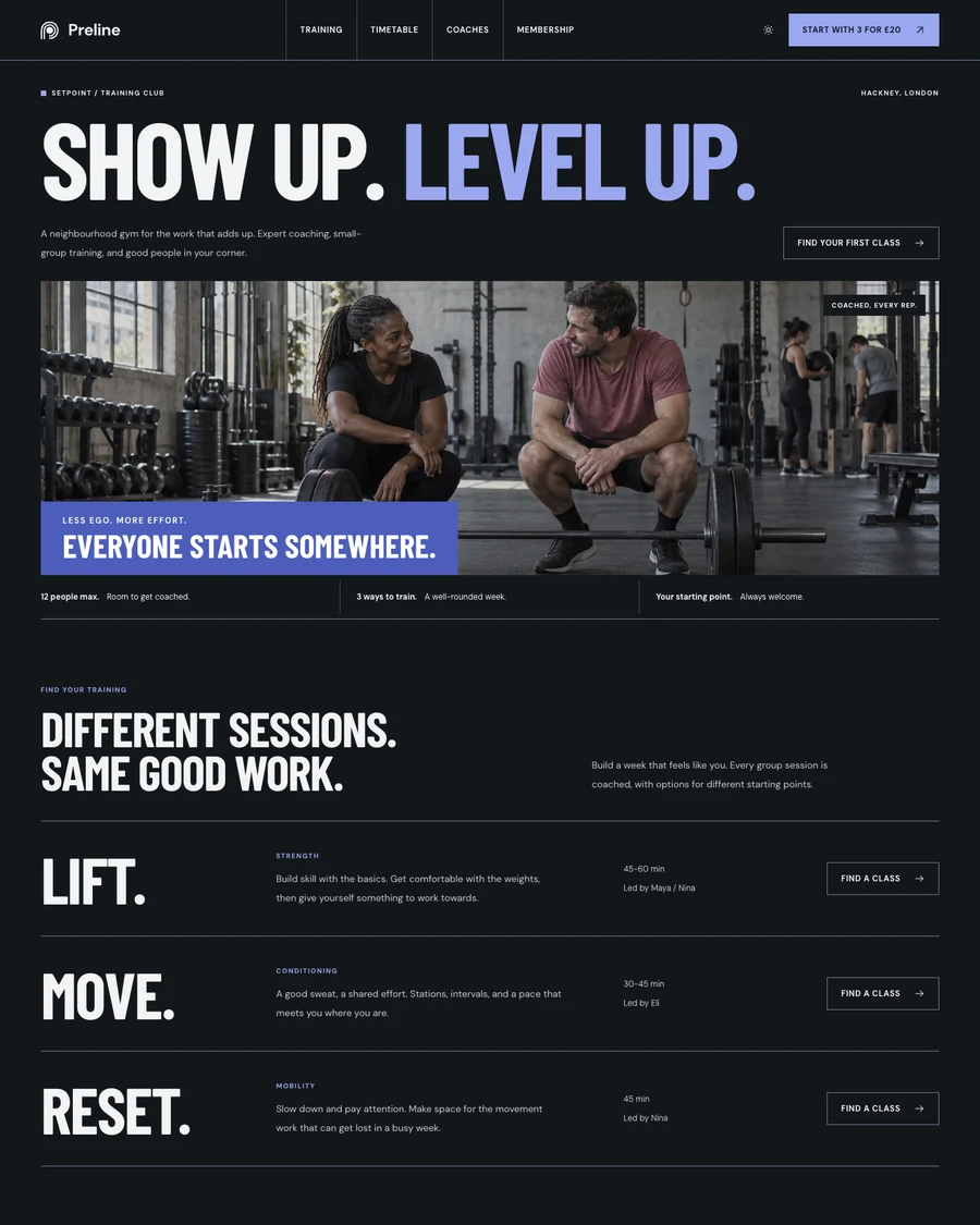 The Setpoint gym and personal training demo in dark mode