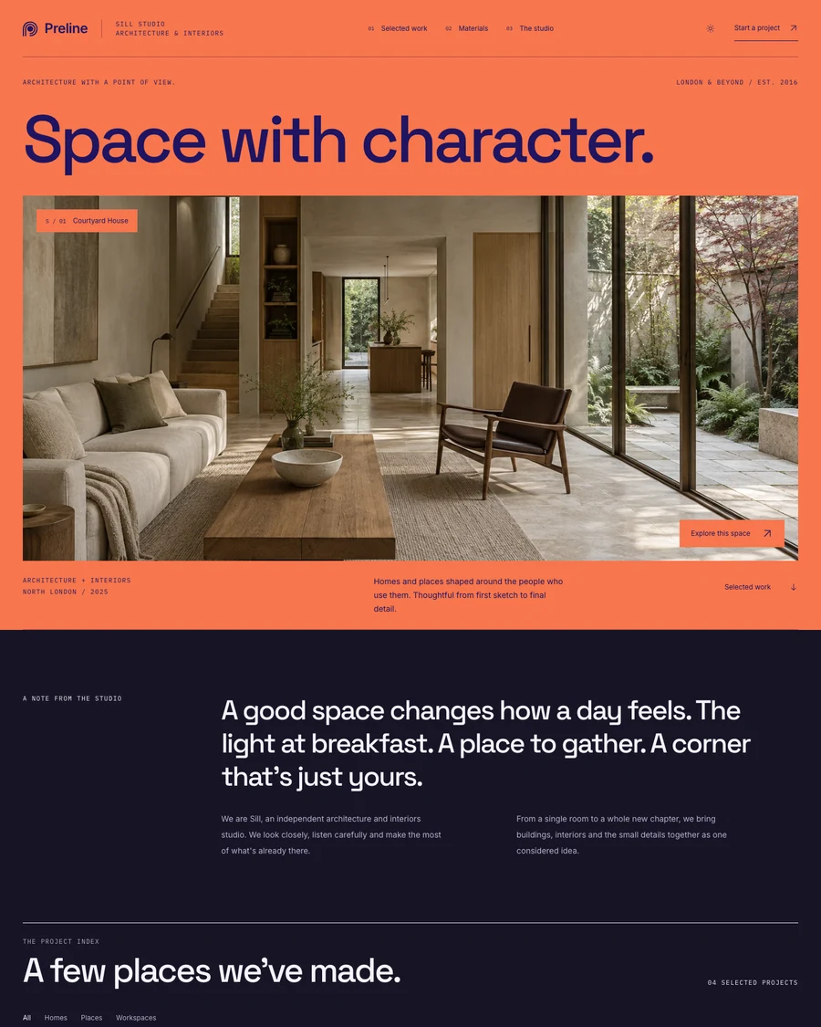 The Sill interior design and architecture demo in dark mode