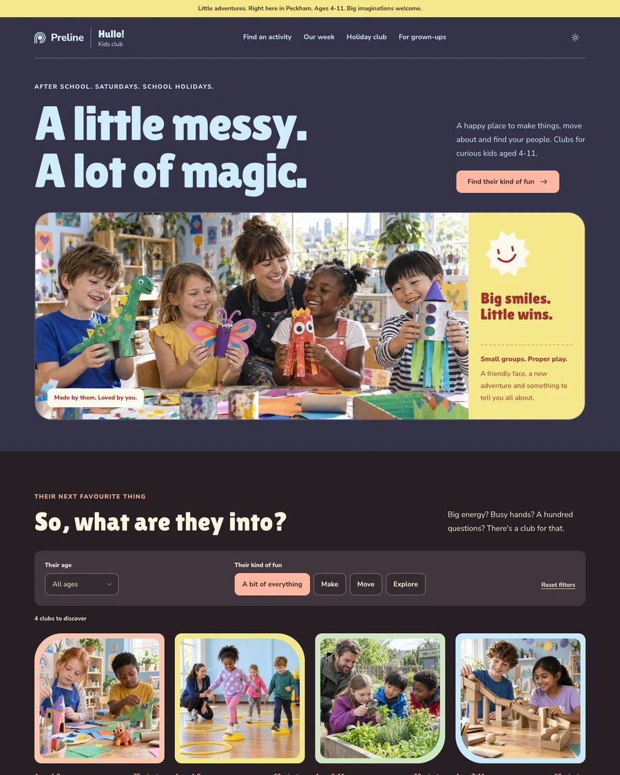 The Hullo kids activities club demo in dark mode