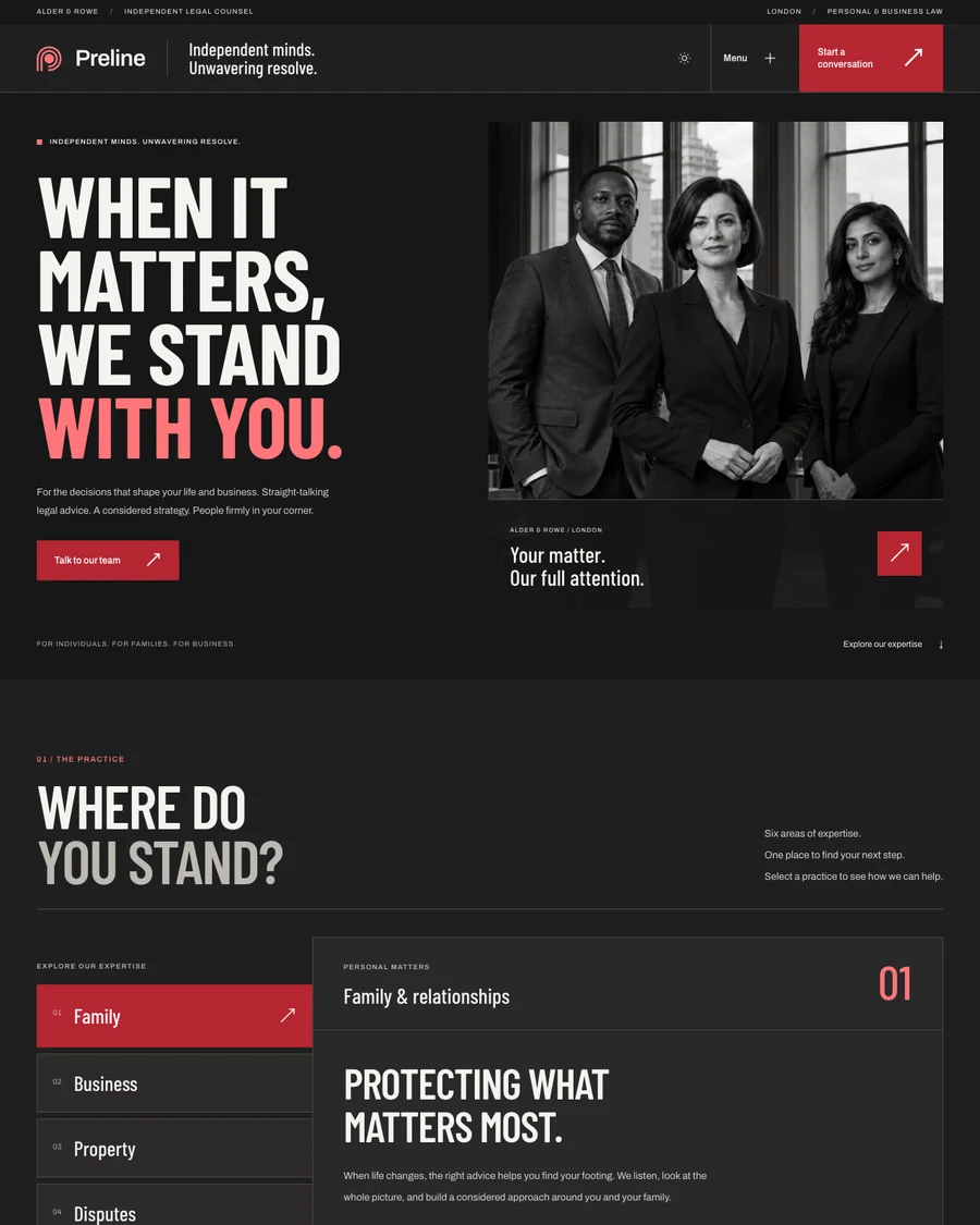 The Alder and Rowe legal services demo in dark mode