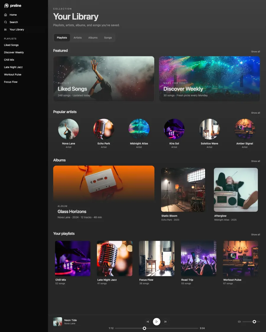 The Music Player demo in dark mode