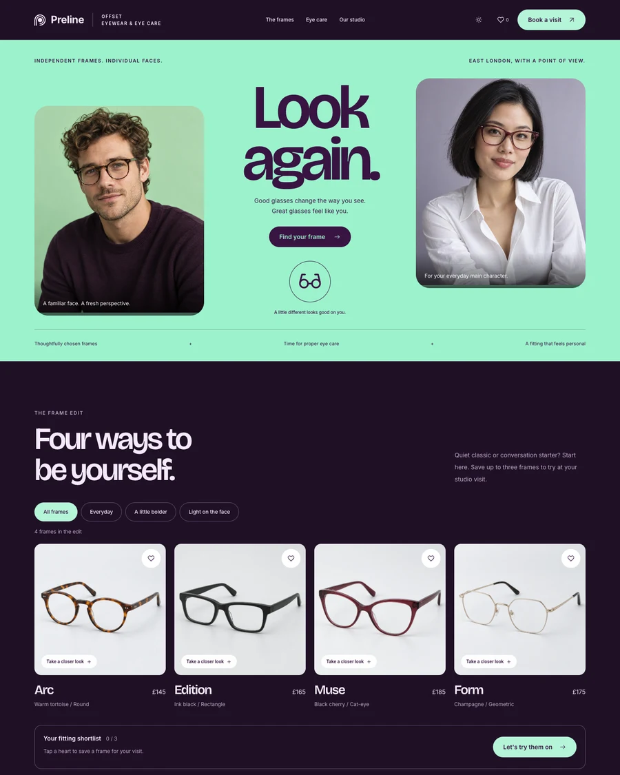 The Offset optician and eyewear demo in dark mode