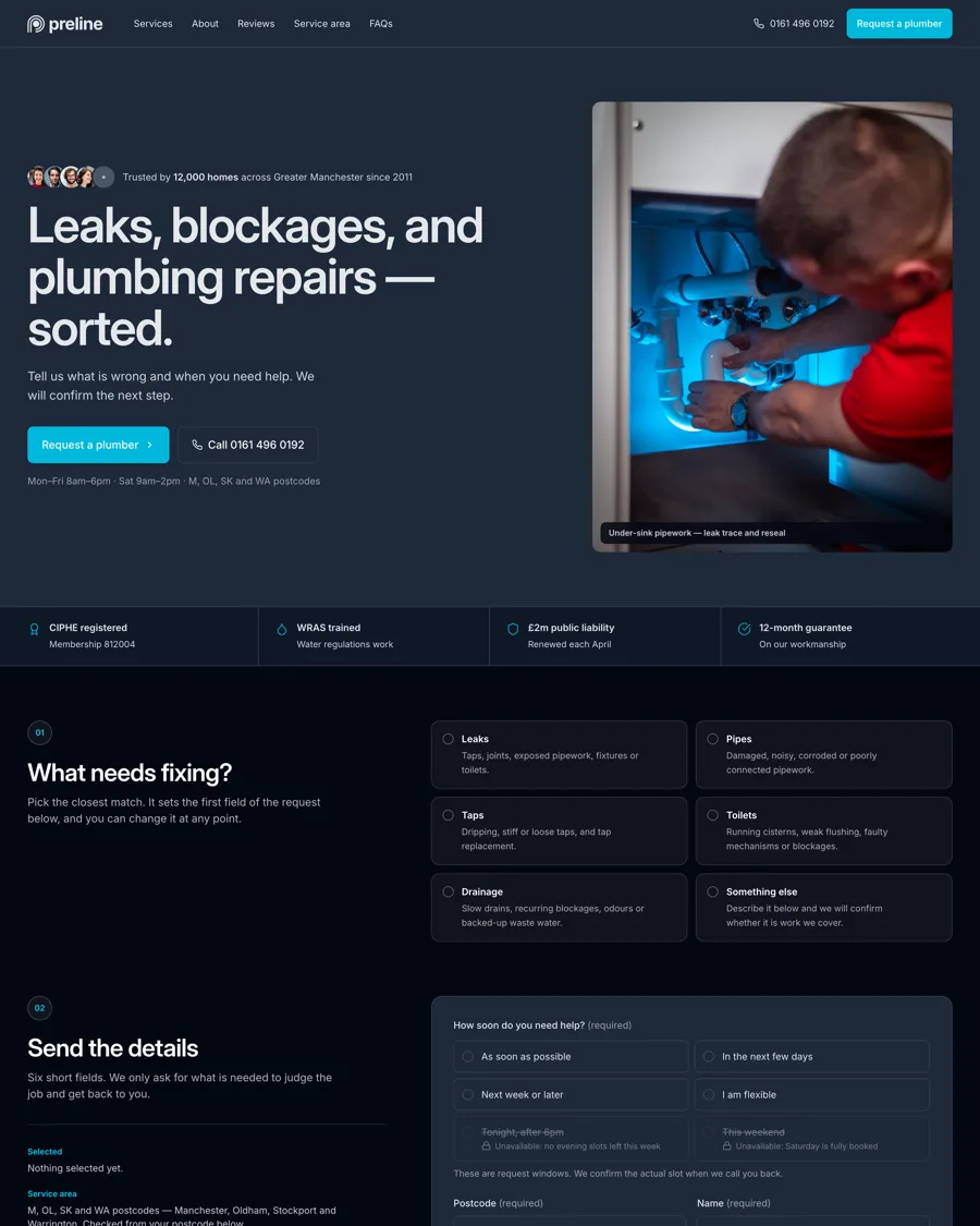 The Northgate Plumbing demo in dark mode
