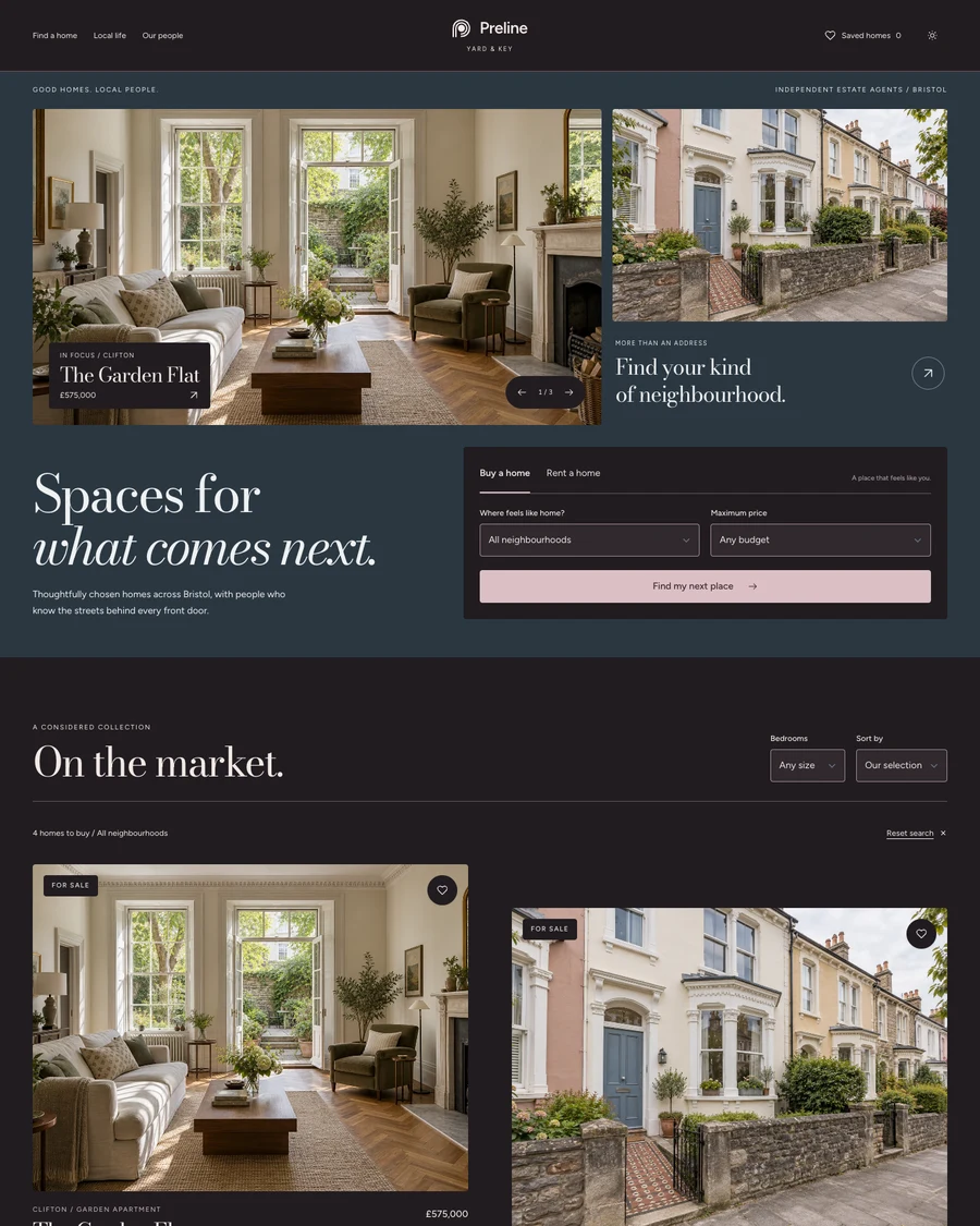 The Yard and Key real estate agency demo in dark mode