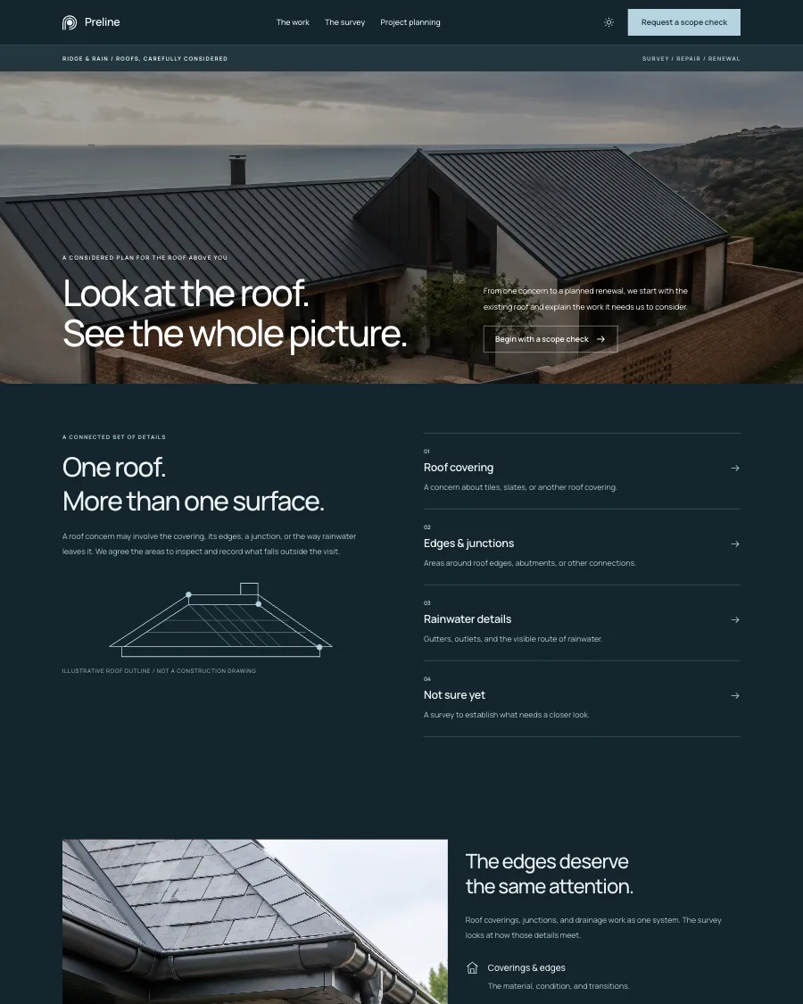 The Ridge & Rain demo in dark mode