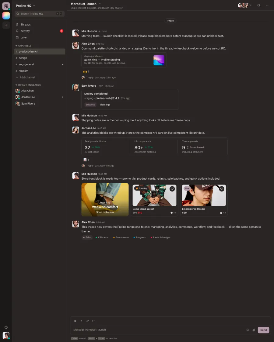 The Team Chat demo in dark mode