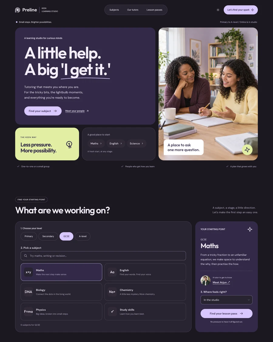 The Keen tutoring and learning centre demo in dark mode