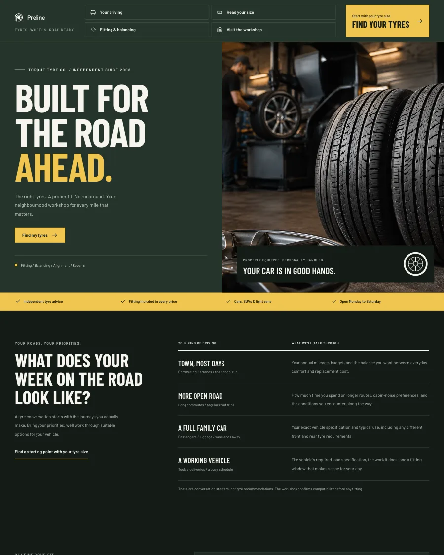 The Torque Tyre Co. demo in dark mode