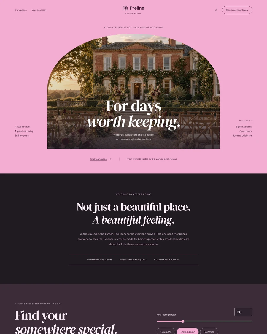 The Vesper House wedding and event venue demo in dark mode