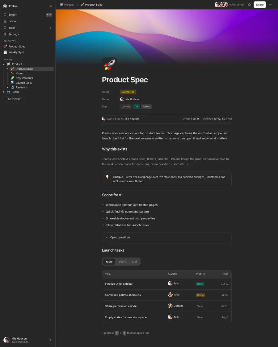 The Product Spec demo in dark mode