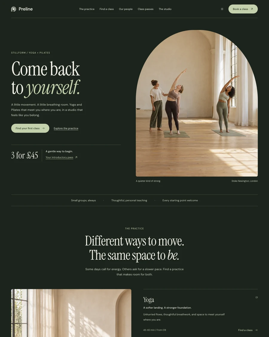 The Stillform yoga and Pilates studio demo in dark mode