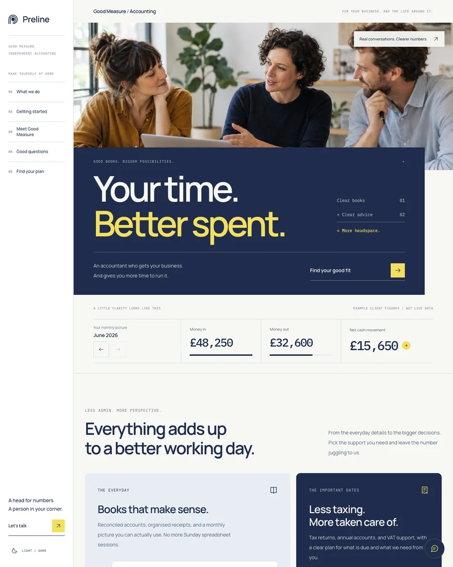 The Good Measure accounting services demo in light mode