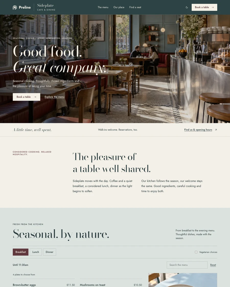 The Sideplate cafe and restaurant demo in light mode