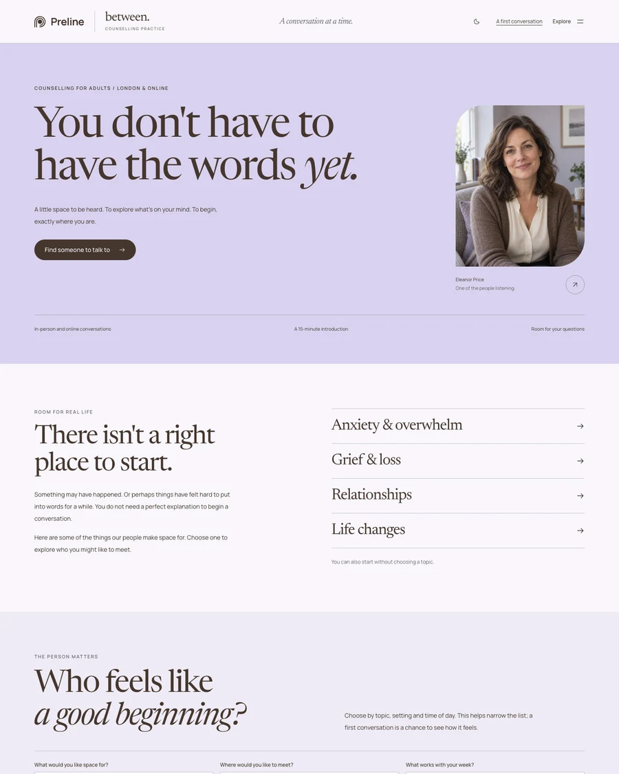 The Between counselling practice demo in light mode