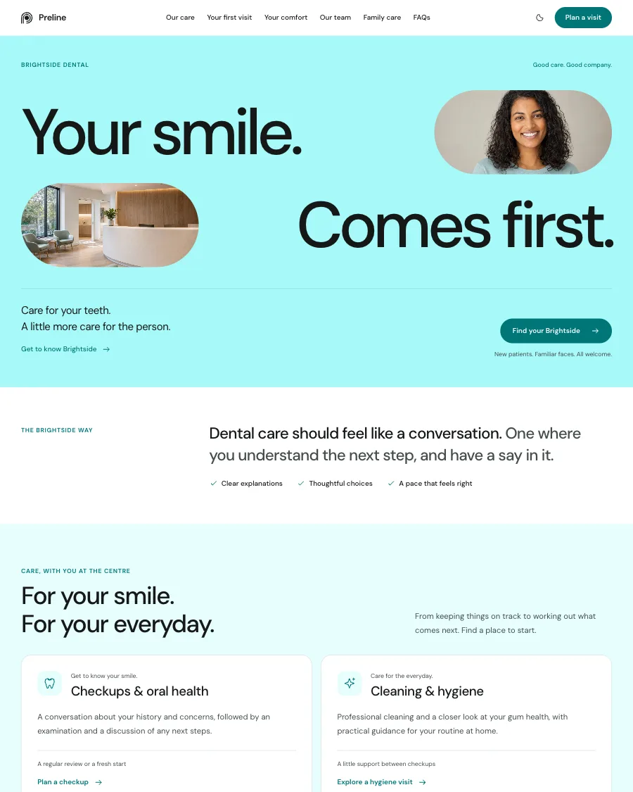 The Brightside Dental demo in light mode