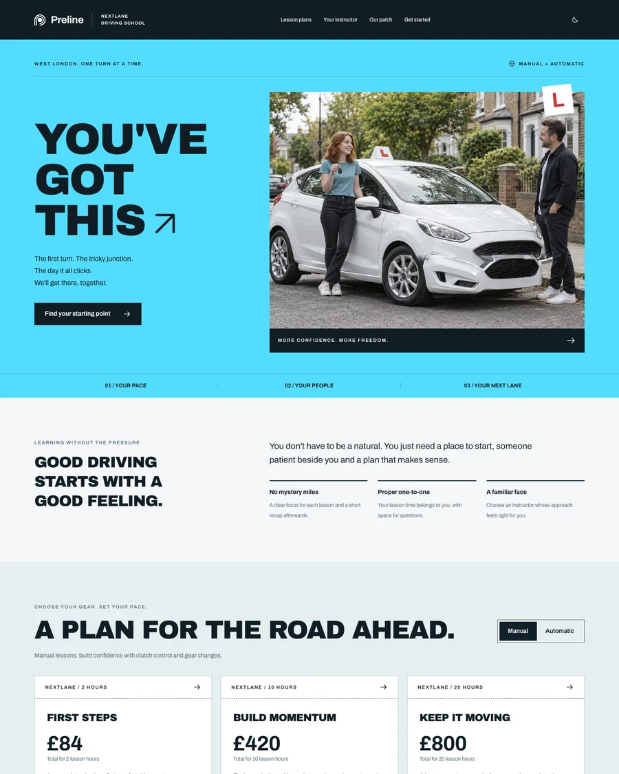 The Nextlane driving school demo in light mode