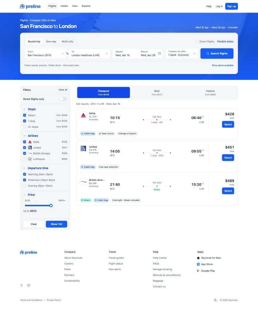 The Skyroute demo in light mode