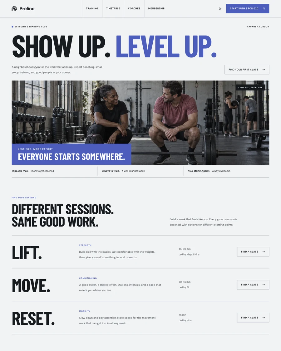 The Setpoint gym and personal training demo in light mode