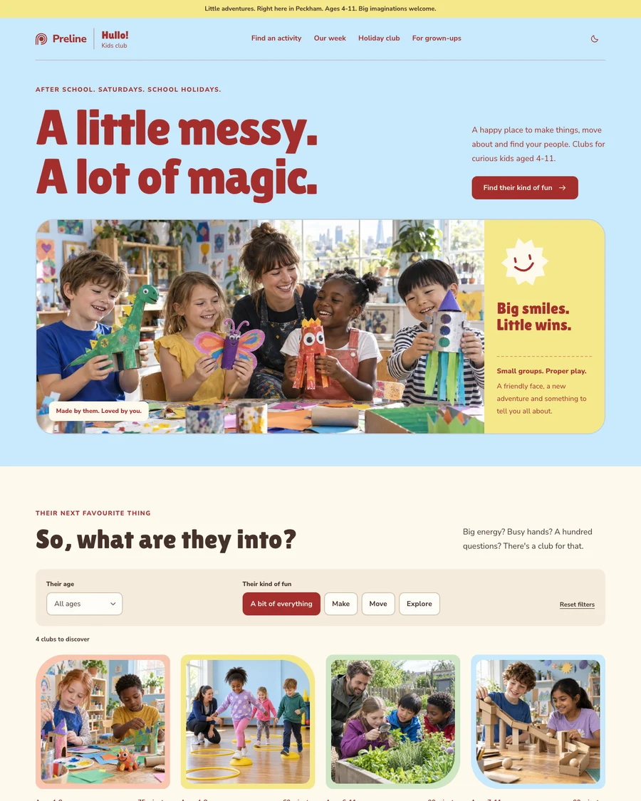 The Hullo kids activities club demo in light mode