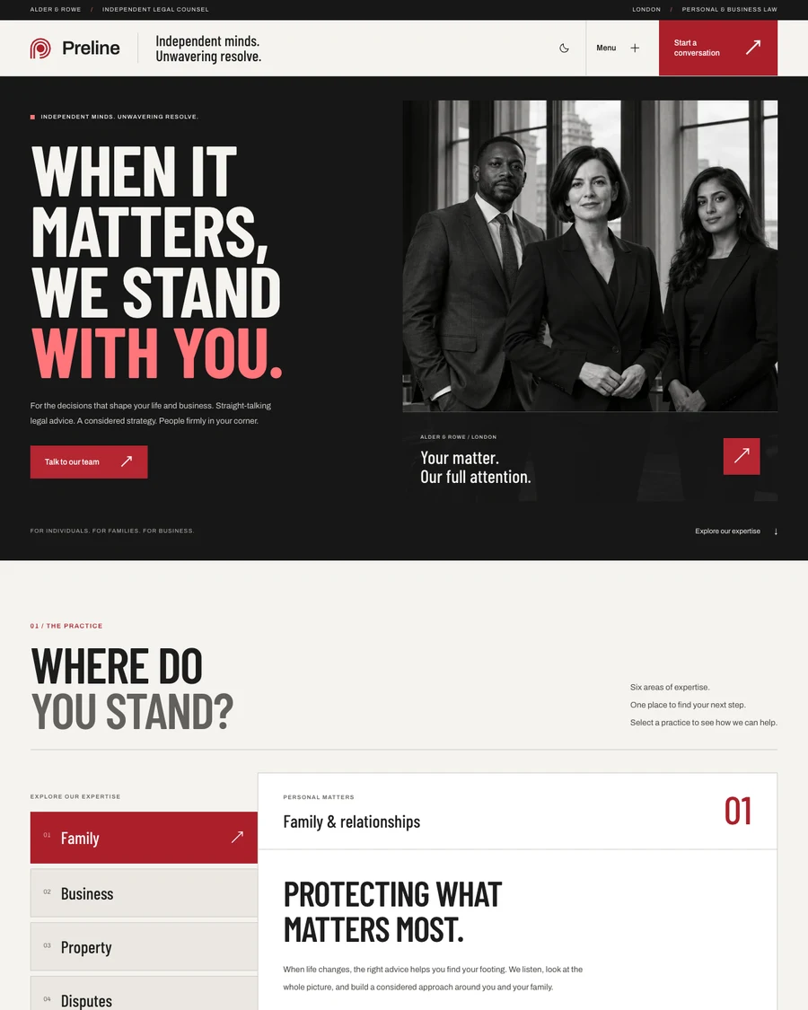 The Alder and Rowe legal services demo in light mode