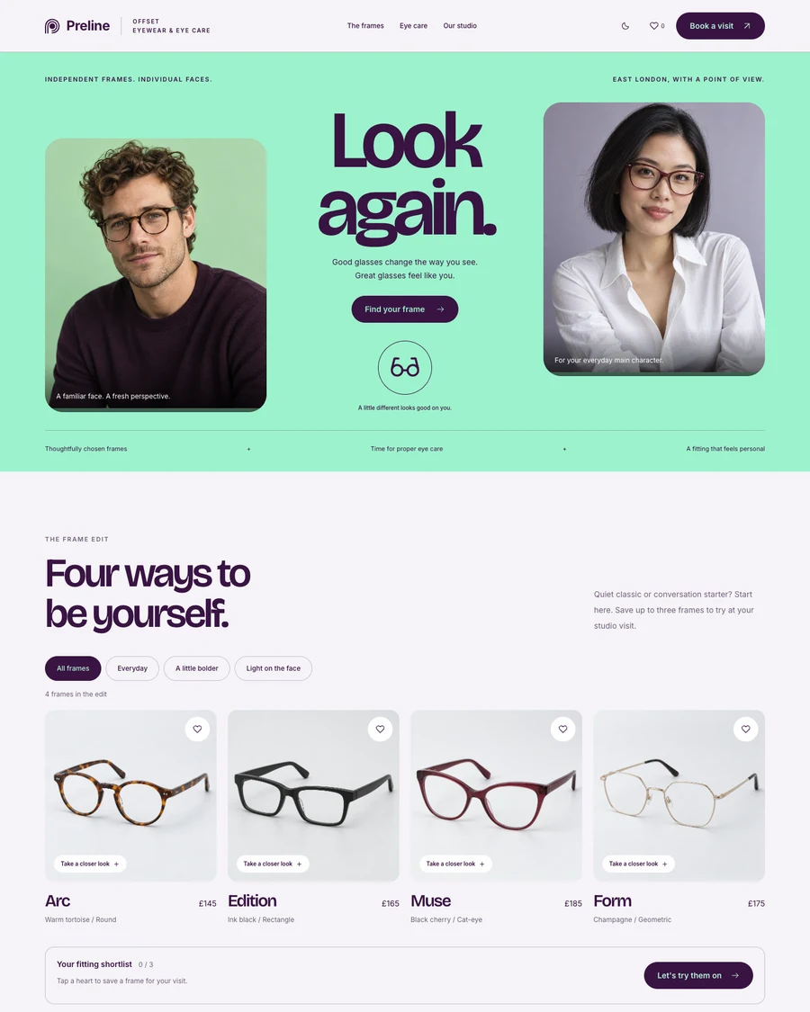 The Offset optician and eyewear demo in light mode