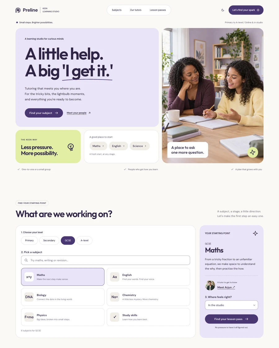 The Keen tutoring and learning centre demo in light mode