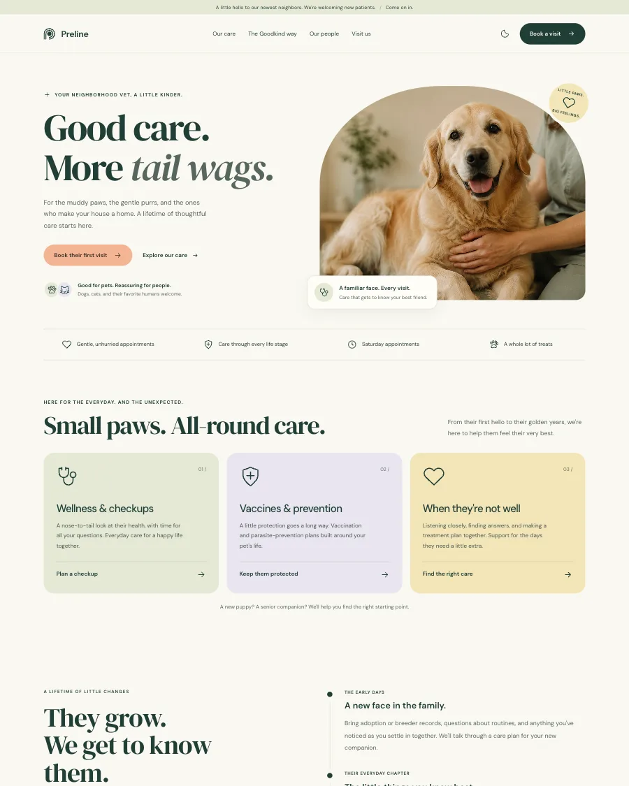 The Goodkind Veterinary demo in light mode