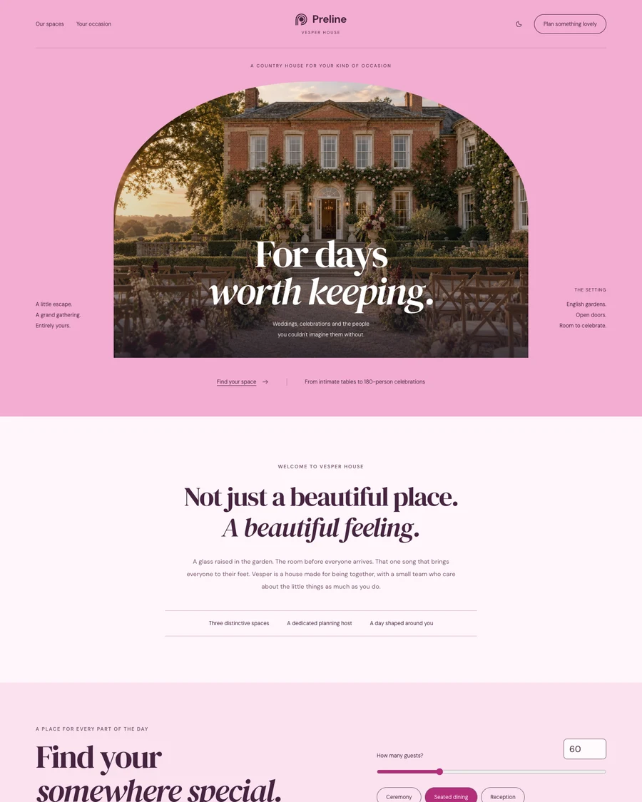 The Vesper House wedding and event venue demo in light mode