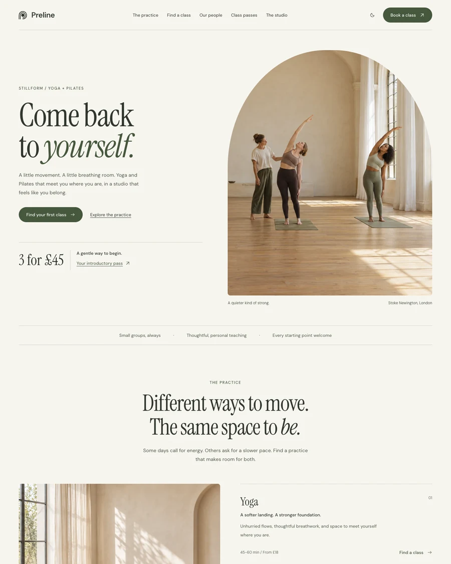 The Stillform yoga and Pilates studio demo in light mode