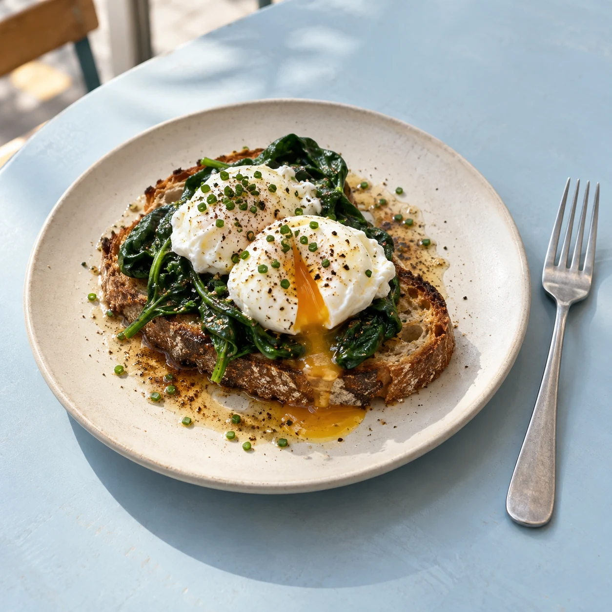 Poached eggs on sourdough with spinach and chives