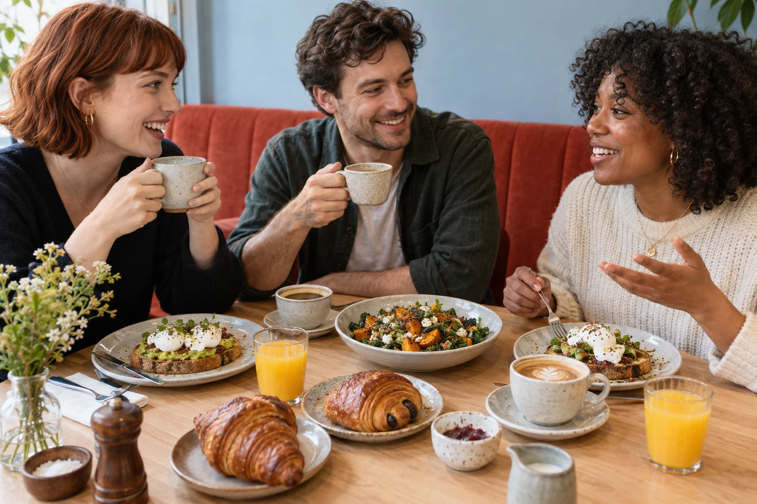 Friends making themselves at home over brunch and coffee at Sideplate