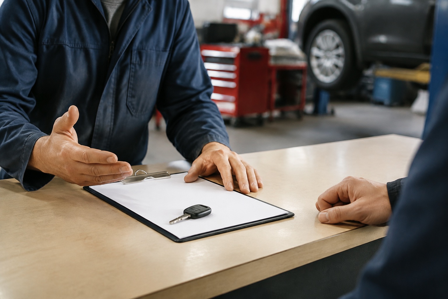 A workshop advisor discussing a vehicle work order and keys with a customer