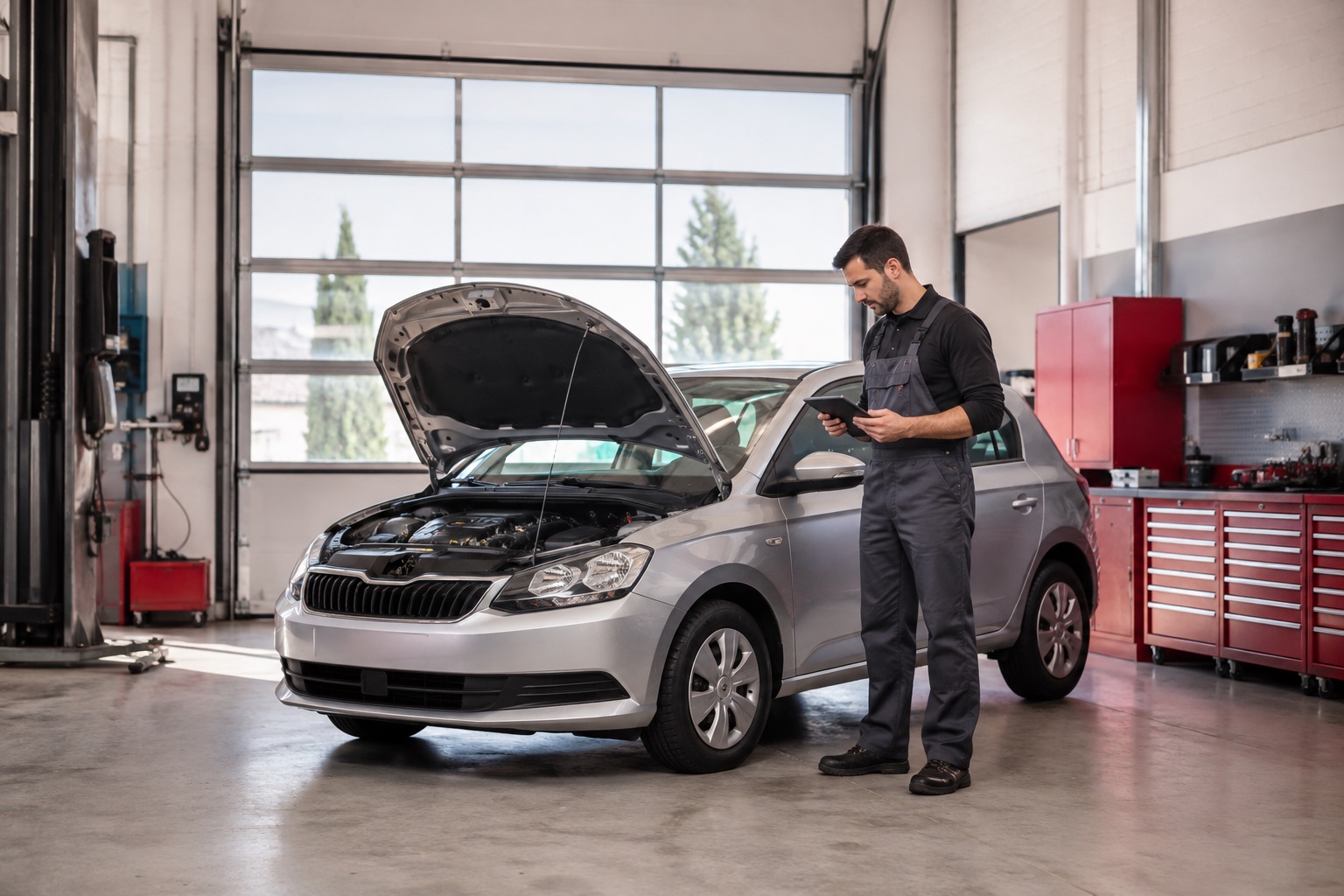 A well-organized independent car workshop with a vehicle in a clean service bay