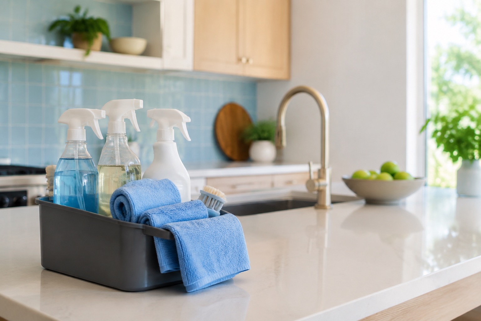 A well-organized cleaning caddy with folded cloths and brushes in a sunlit home