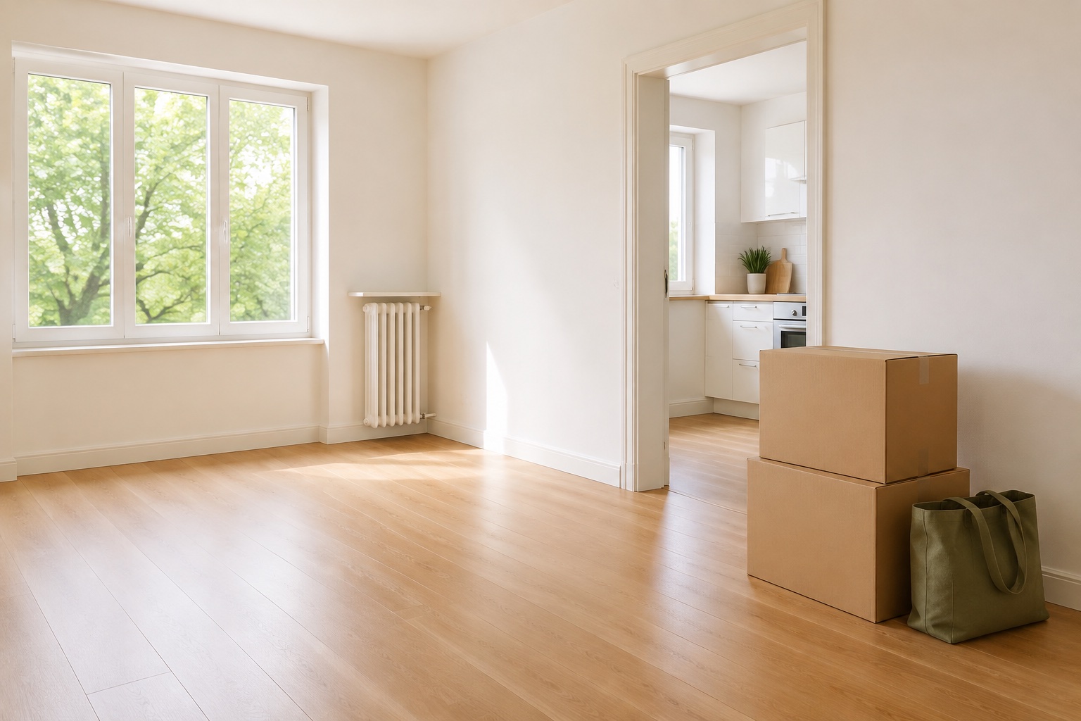 A freshly cleaned empty apartment with pale oak floors, moving boxes, and an open doorway into the kitchen