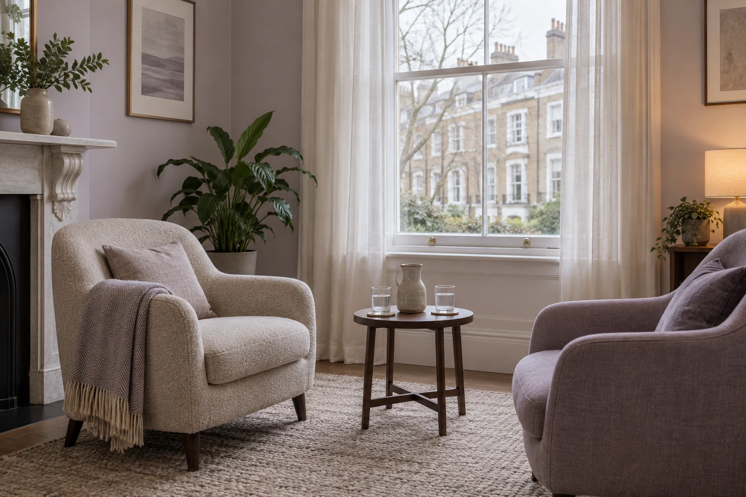 Two comfortable chairs facing each other in a quiet counselling room