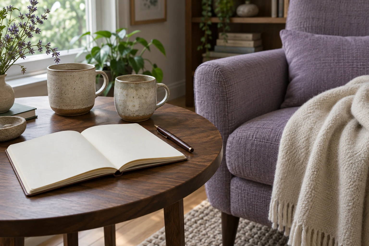 An open notebook and two mugs beside a comfortable chair